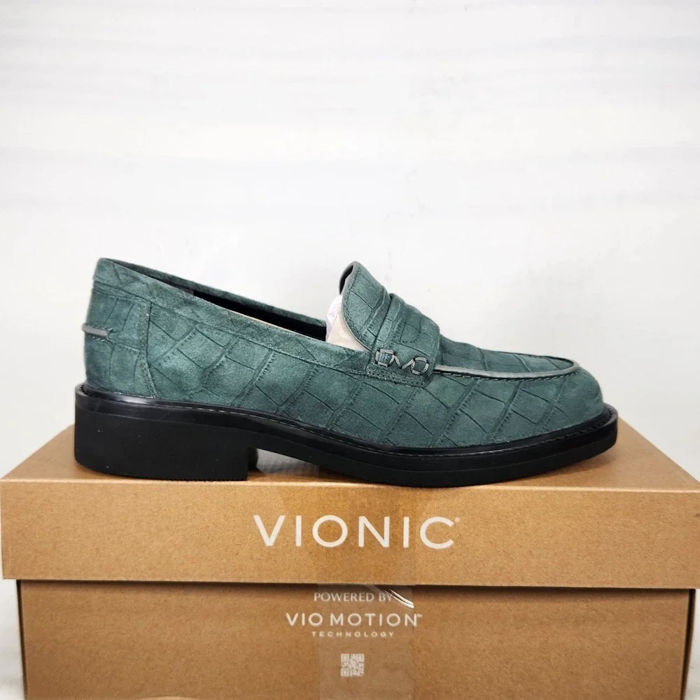 Vionic Caitlin Loafer Women Size 9.5 Scarab Croc Suede Orthotic Penny Loafers